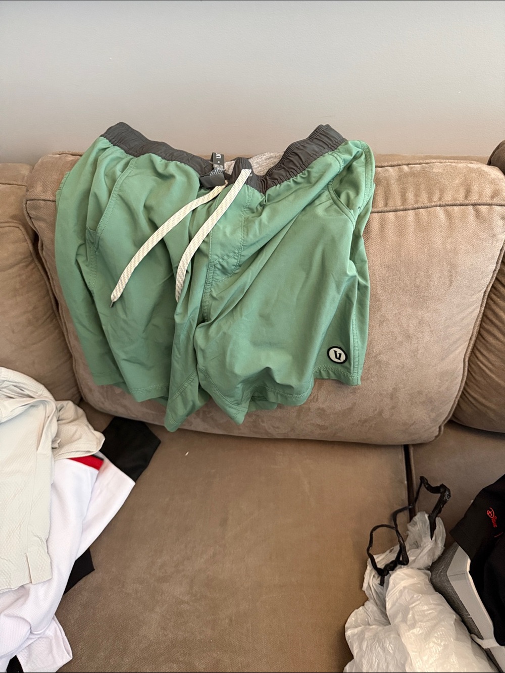 Vuori Light Green Athletic Drawstring Shorts with Dark Waistband